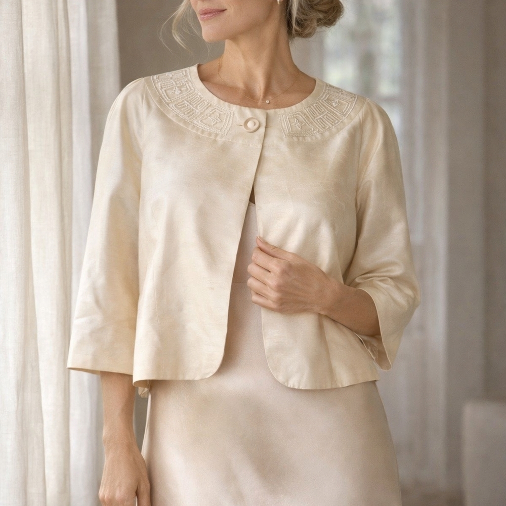 Cream Cropped Bolero Jacket Embroidered Neck Formal Wedding Guest Topper 18W